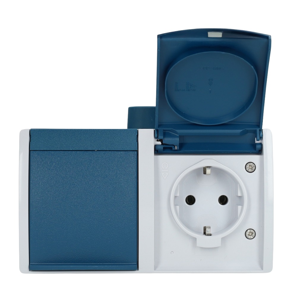 Miniatuur van ABB Busch-Jaeger dubbel stopcontact horizontaal opbouw met randaarde en klapdeksel IP44 spatwaterdicht (20/2 EW-53-503)