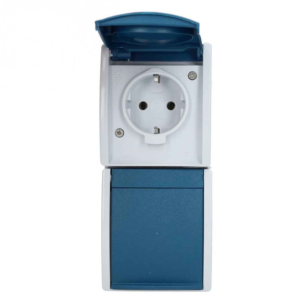 Miniatuur van ABB Busch-Jaeger dubbel stopcontact verticaal opbouw met randaarde en klapdeksel IP44 spatwaterdicht (20-02 EW-53-503)