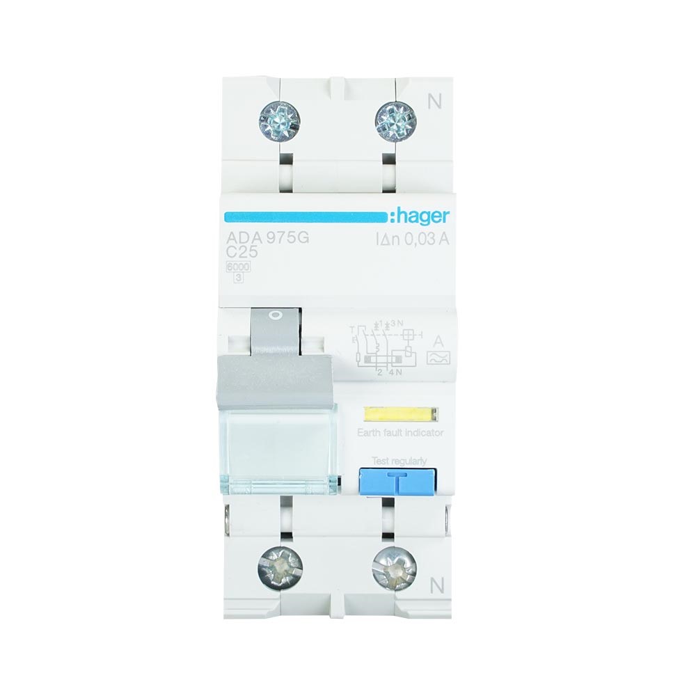 Miniatuur van Hager aardlekautomaat 1P+N 25A C-kar 30mA (ADA975G)