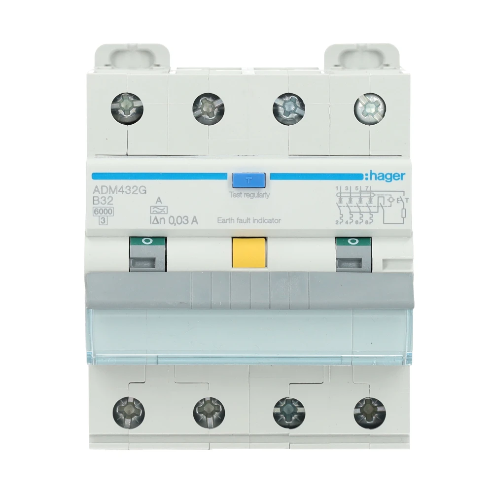 Miniatuur van Hager aardlekautomaat B32 30mA type A 3-fase (4P) 6kA (ADM432G)