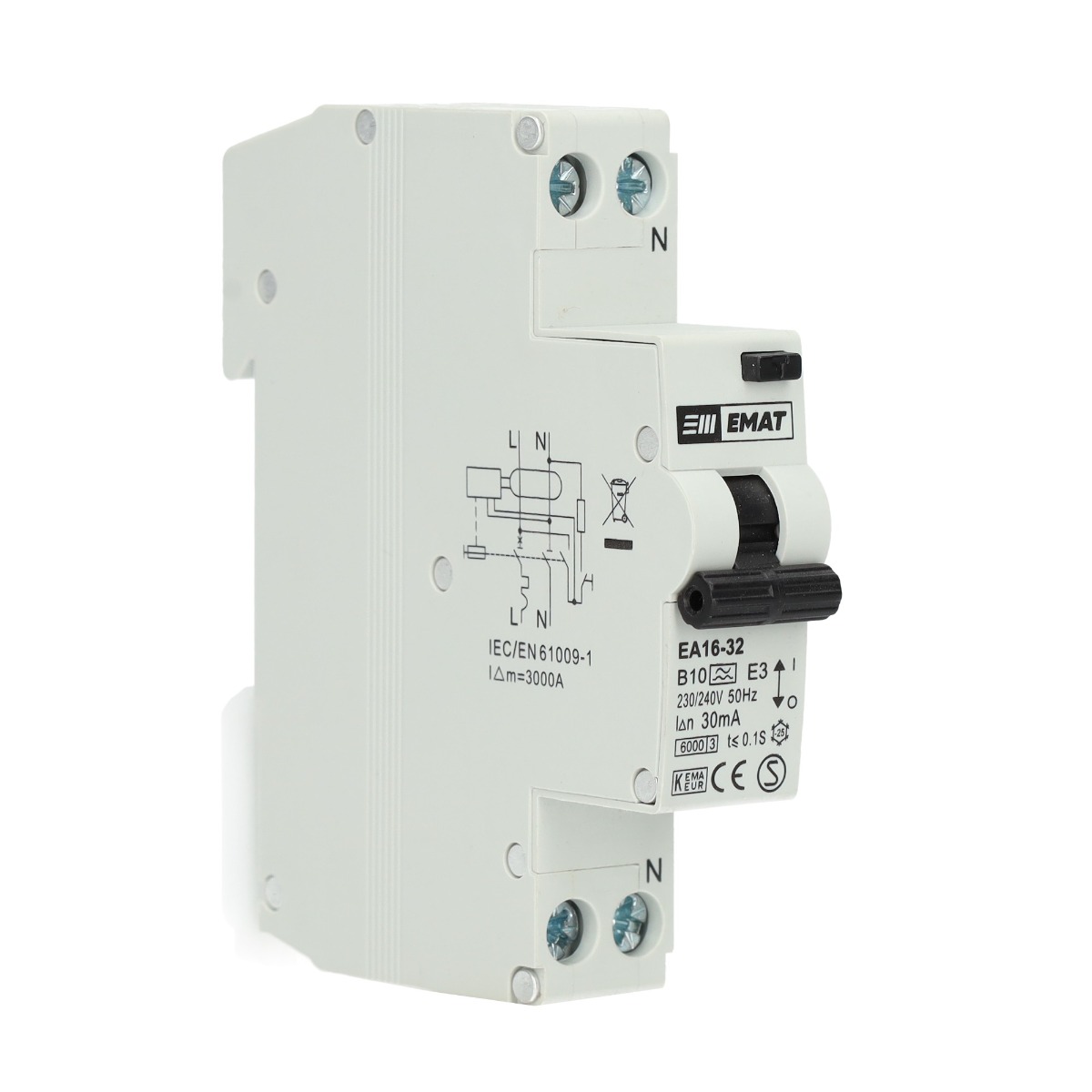 Miniatuur van EMAT aardlekautomaat 1-polig+nul 10A B-kar 30mA (85006002)
