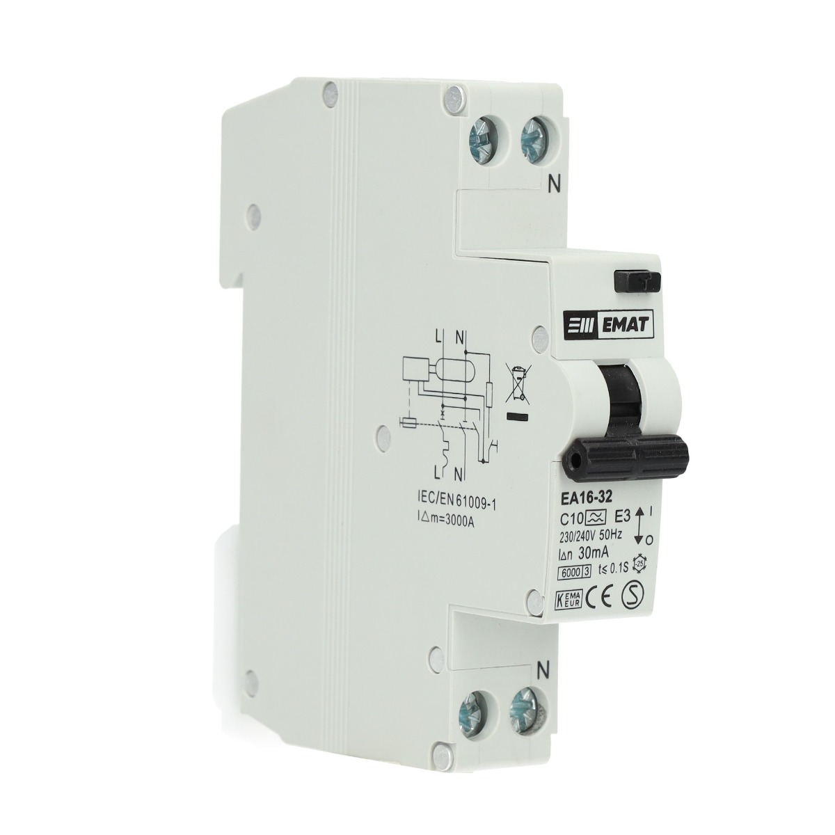 Miniatuur van EMAT aardlekautomaat 1-polig+nul 10A C-kar 30mA (85006003)