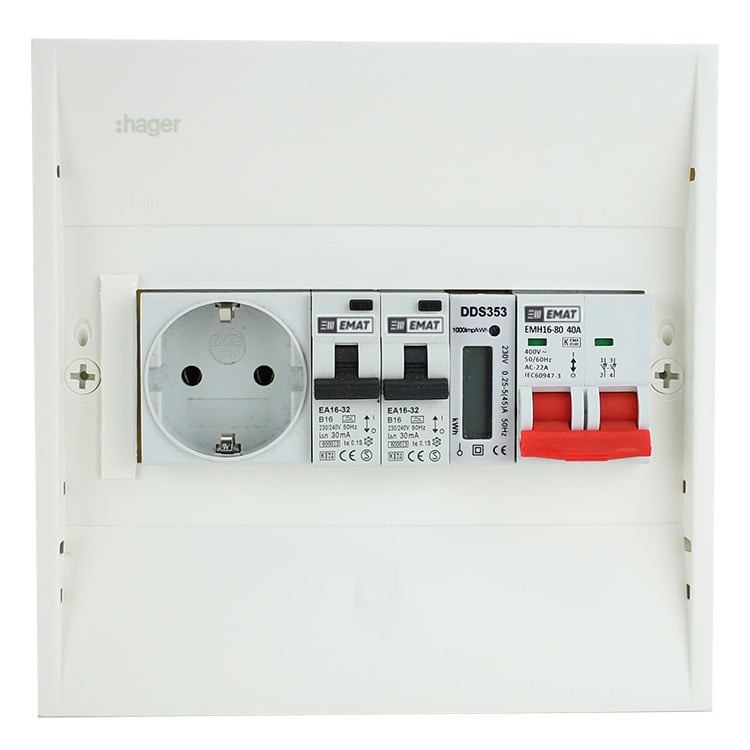 Miniatuur van EMAT PV-verdeler 2x B16 alamat met WCD, hoofdschakelaar en kWh meter (PV0006)