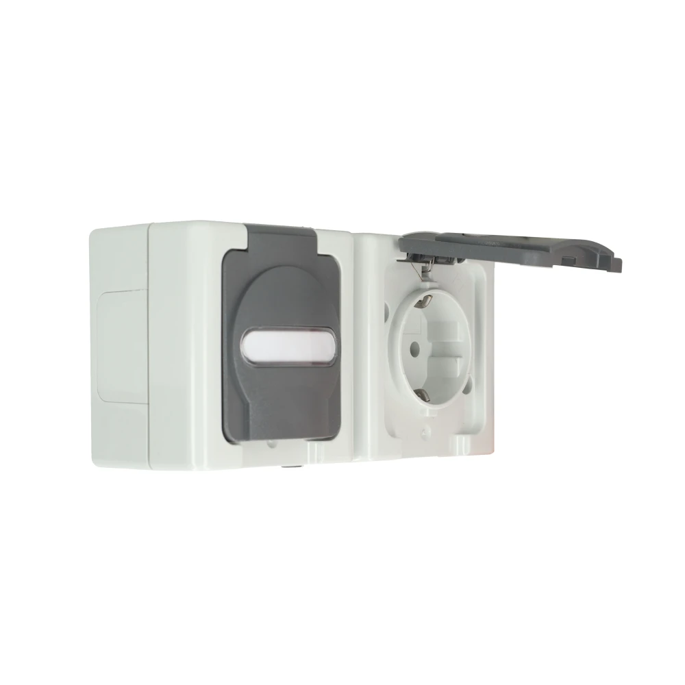 Miniatuur van Kopp blue electric stopcontact ip44 horizontaal met deksel en randaarde 2-voudig opbouw grijs