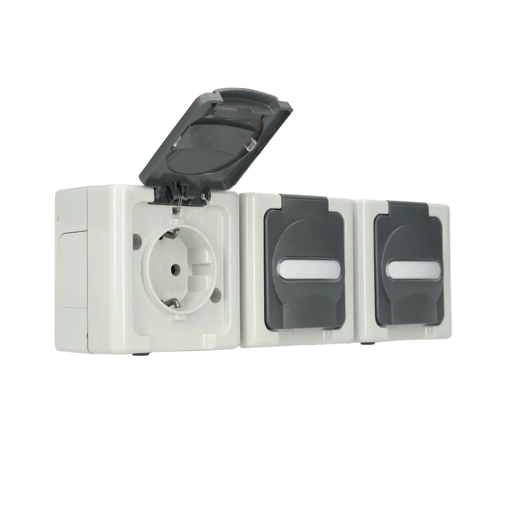 Miniatuur van Kopp blue electric stopcontact 3-voudig opbouw horizontaal met deksel en randaarde 3-voudig IP44 - grijs (131356005)
