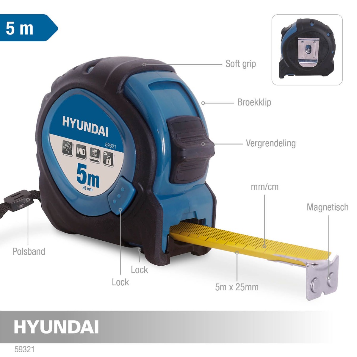 Miniatuur van Hyundai rolmaat 5 meter 25mm nylon gecoat (59321)