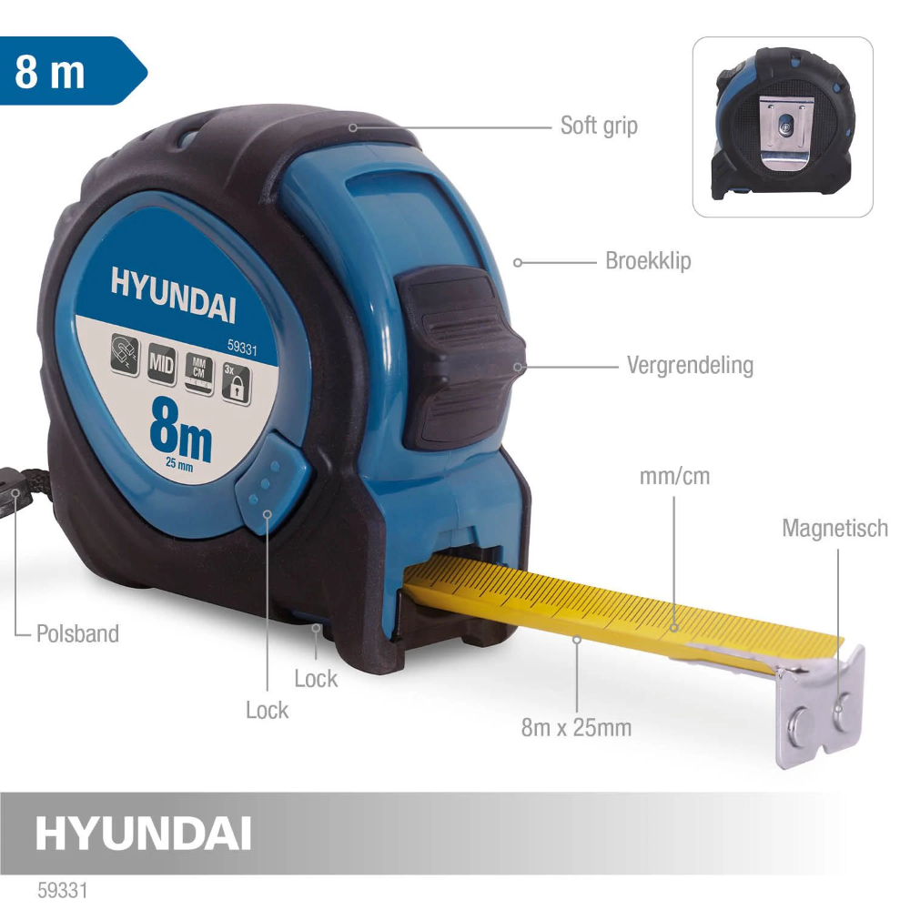 Miniatuur van Hyundai rolmaat 8 meter 25mm nylon gecoat (59331)