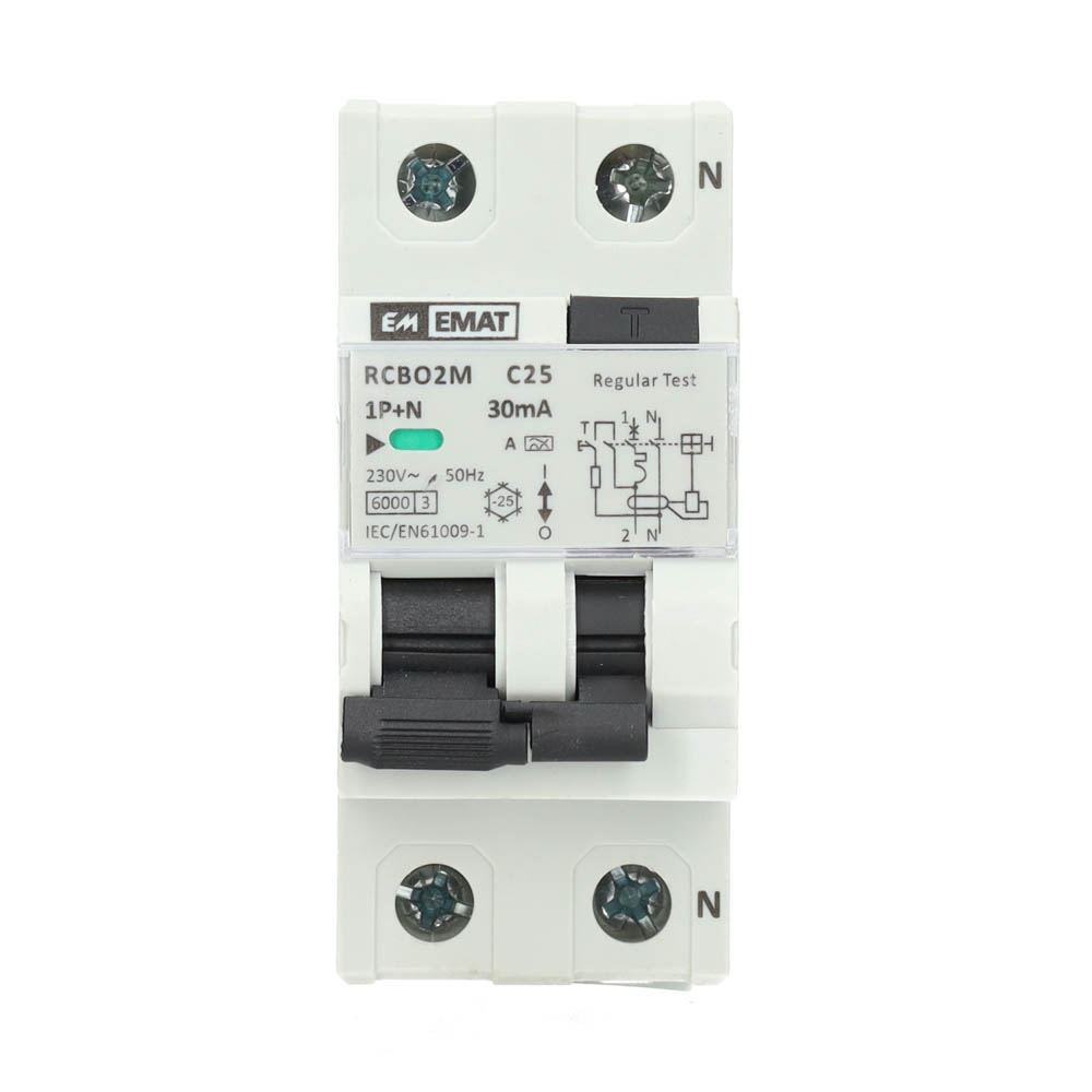 Miniatuur van EMAT aardlekautomaat 1-polig+nul 25A C-kar 30mA 2 modules (85006031)