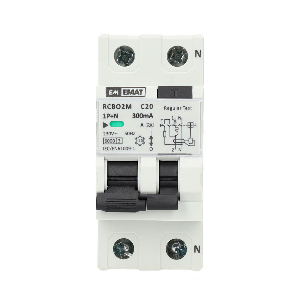 Miniatuur van EMAT aardlekautomaat 1-polig+nul 20A C-kar 300mA 2 modules (85006039)