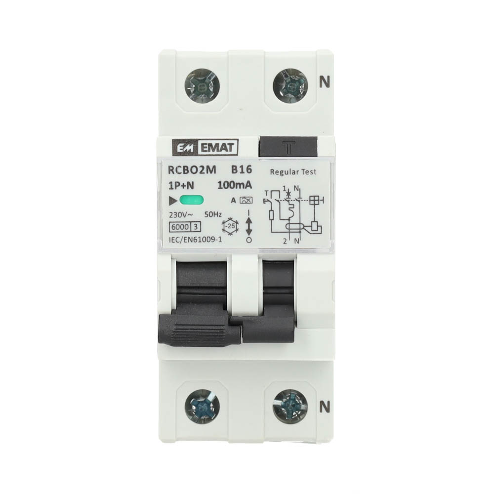 Miniatuur van EMAT aardlekautomaat 1-polig+nul 16A B-kar 100mA 2 modules (85006044)