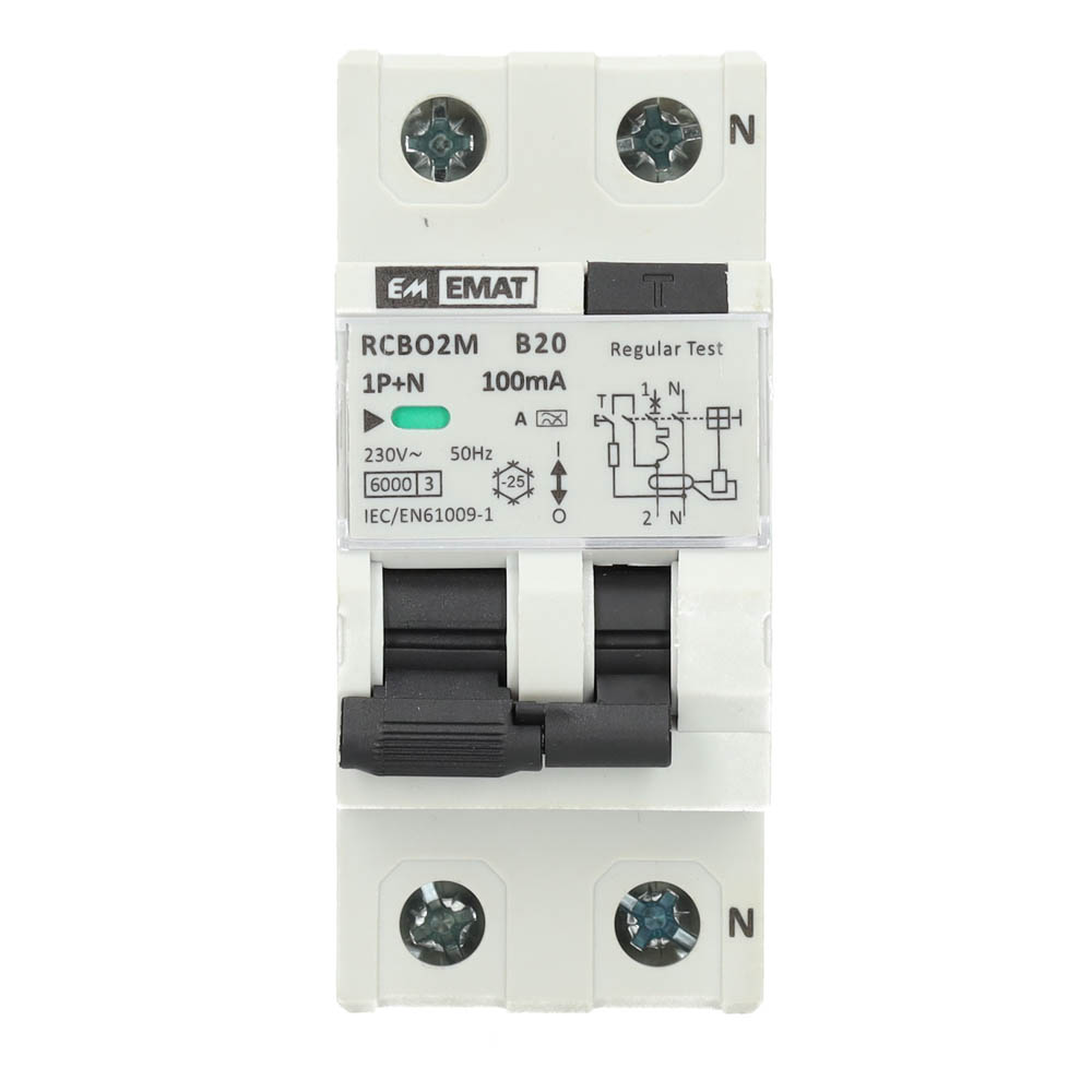 Miniatuur van EMAT aardlekautomaat 1-polig+nul 20A B-kar 100mA 2 modules (85006046)