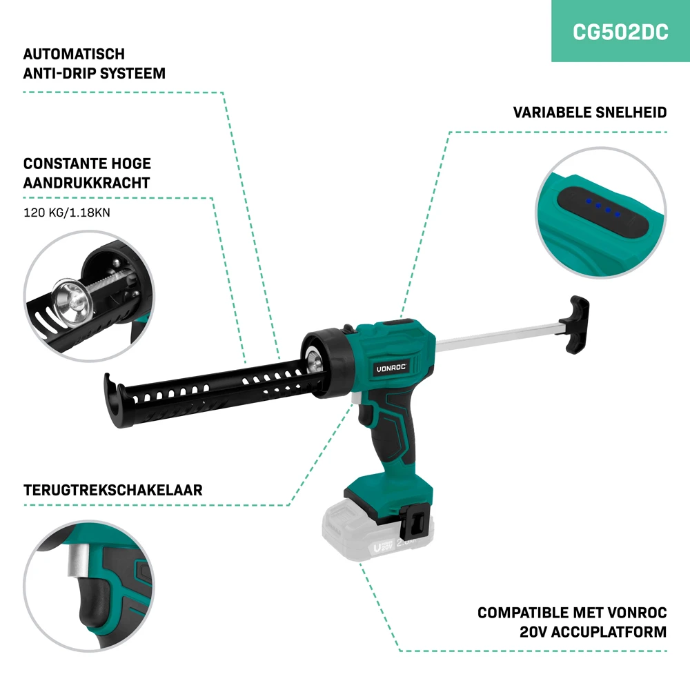 Miniatuur van VONROC accu kitspuit voor kitkoker 1,18kN 120kg VPOWER 20V - body zonder accu en lader (CG502DC)