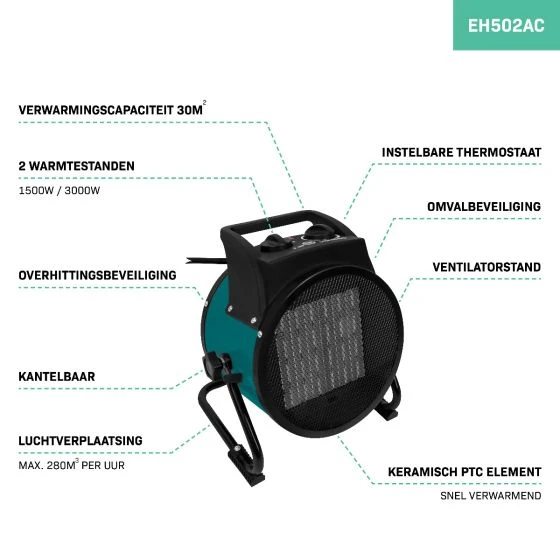 Miniatuur van VONROC werkplaatskachel keramisch met ventilator 3000W 3 standen bereik max 75m3 (EH502AC)