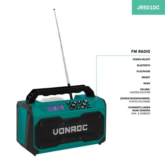 Miniatuur van VONROC accu bouwradio FM Bluetooth USB VPOWER 20V - body zonder accu en lader (JR501DC)