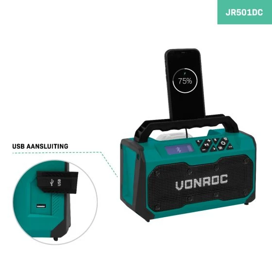 Miniatuur van VONROC accu bouwradio FM Bluetooth USB VPOWER 20V - body zonder accu en lader (JR501DC)