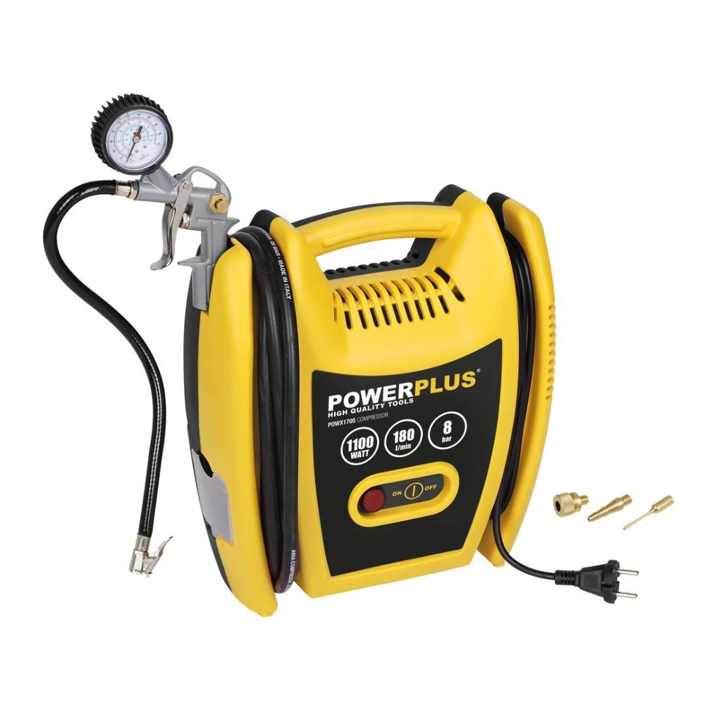 Miniatuur van PowerPlus compressor olievrij 230V 1100W 8 bar 180l/min - set met 3m slang en 8 accessoires (POWX1705)