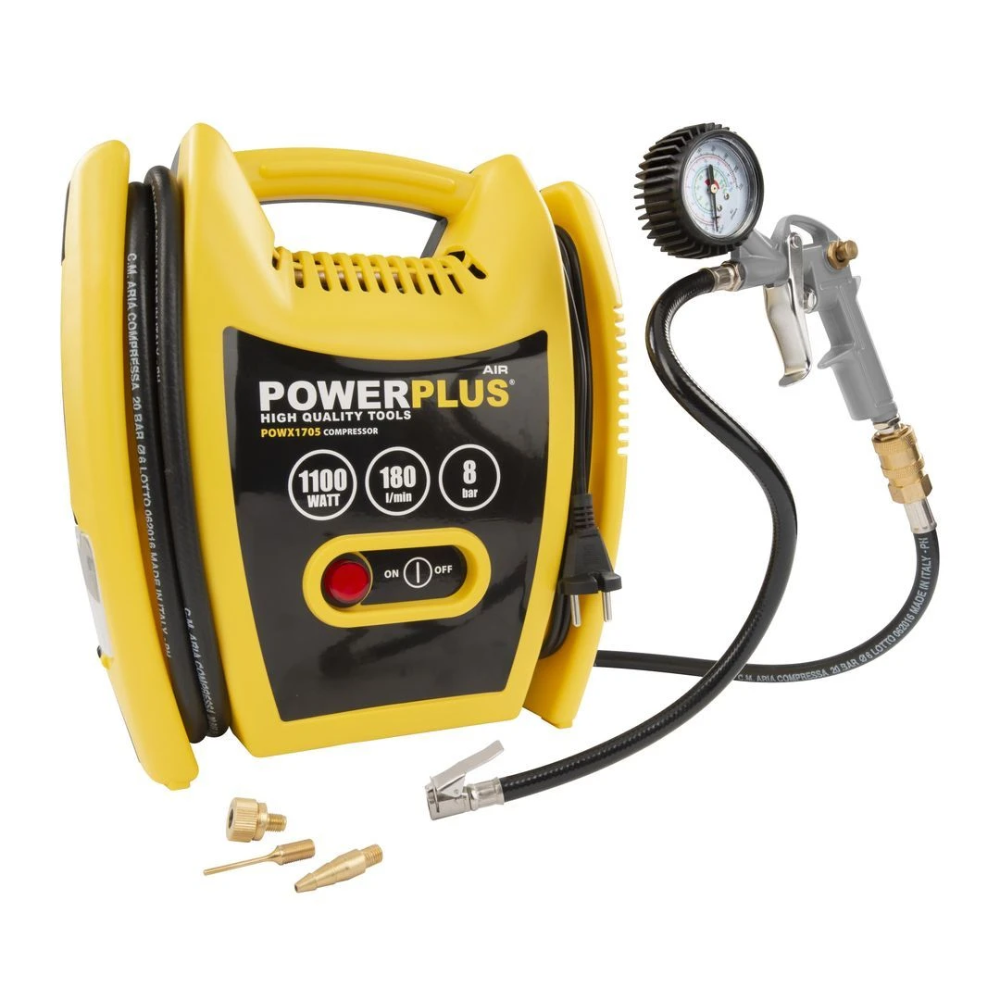 Miniatuur van PowerPlus compressor olievrij 230V 1100W 8 bar 180l/min - set met 3m slang en 8 accessoires (POWX1705)