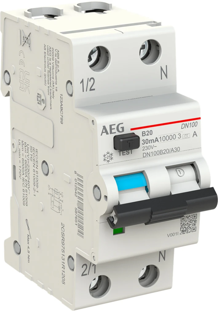Miniatuur van AEG aardlekautomaat 1-polig+nul 20A B-Kar 30mA (DN100B20/A30)