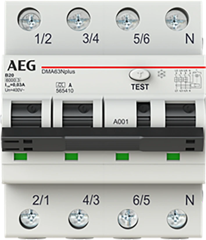 Miniatuur van AEG aardlekautomaat 3polig+nul 20A B-kar 30mA (DMA63N B20/030)