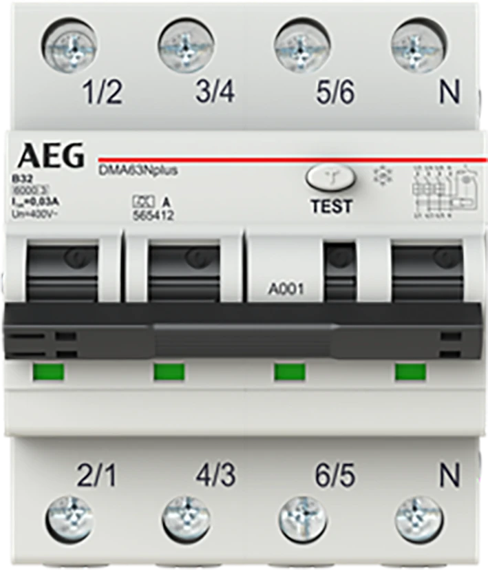 Miniatuur van AEG aardlekautomaat 3-polig+nul 32A B-kar 30mA (DMA63N B32/030)