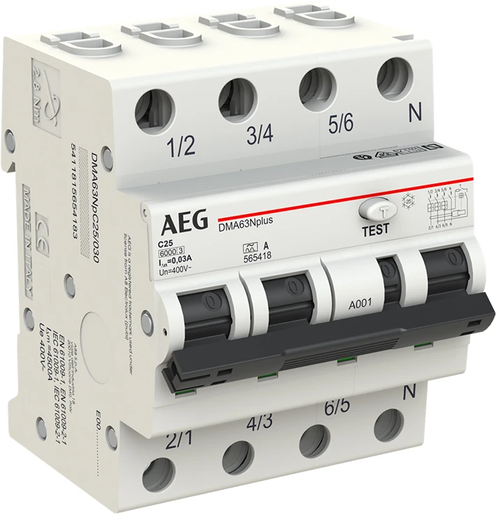 Miniatuur van AEG aardlekautomaat 3-polig+nul 25A C-kar 30mA (DMA63N C25/030)