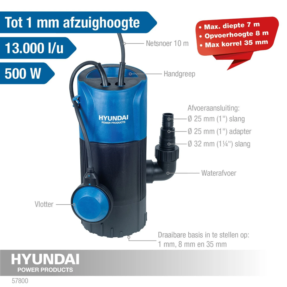 Miniatuur van Hyundai vlakzuigpomp dompelpomp schoon en vuilwater 500W 13000 l/h tot 1mm afzuighoogte (57800)