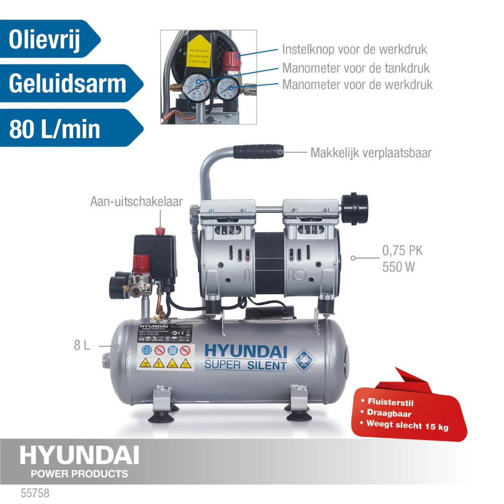 Miniatuur van Hyundai stille compressor 8L 80L/min 550W tot 8 bar 56dB(A) Super Silent (55758)
