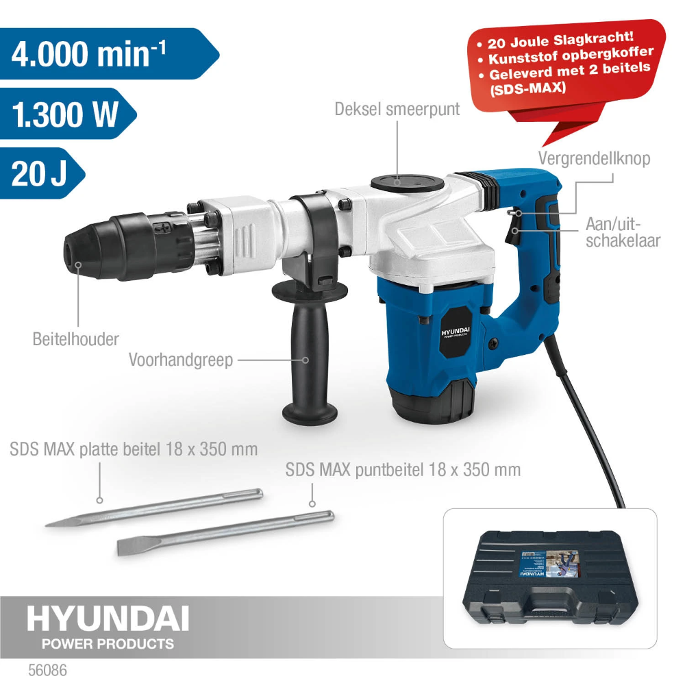 Miniatuur van Hyundai breekhamer SDS-max 20J 230V 1300W compleet met beitels (56086)