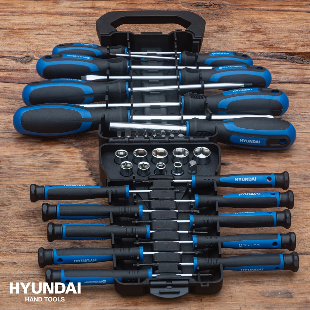 Miniatuur van Hyundai gereedschapset compleet met bits schroevendraaiers en doppen 44-delig (59404)