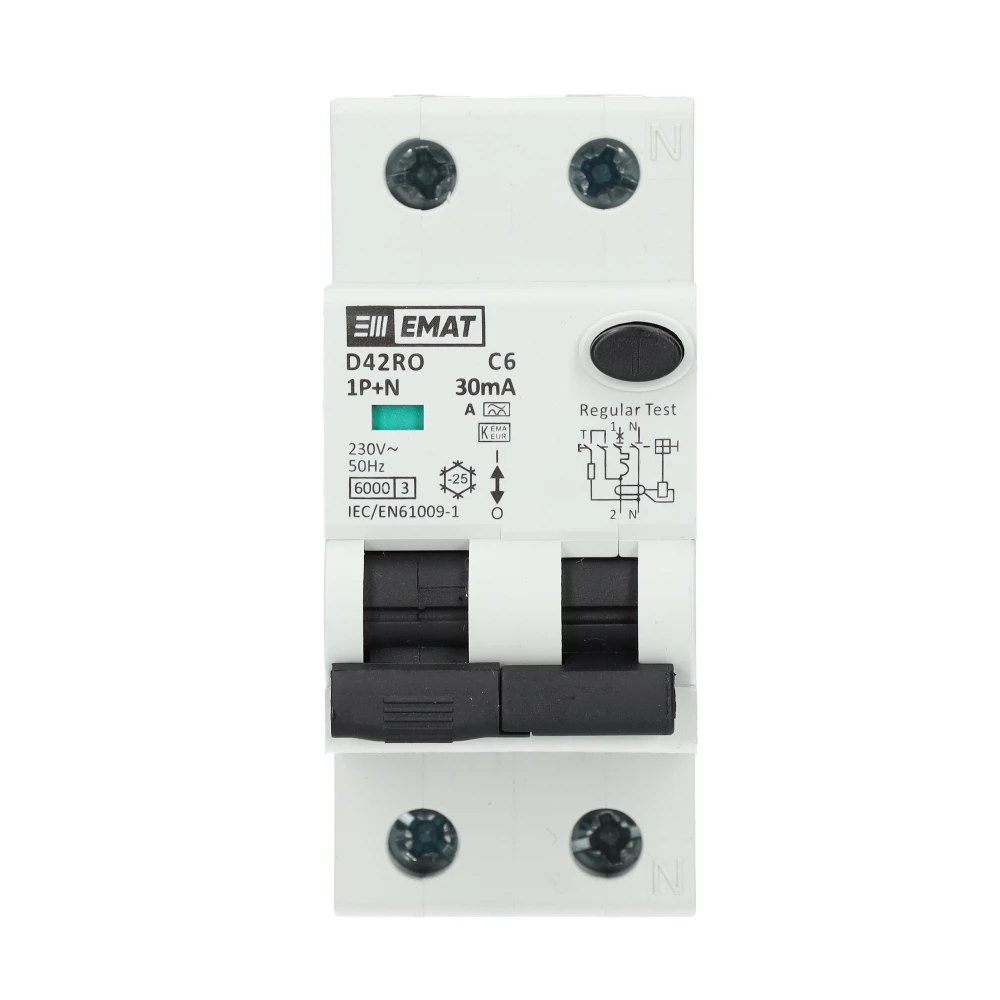 Miniatuur van EMAT aardlekautomaat 1-polig+nul 6A C-kar 30mA 2 modules (85006401)