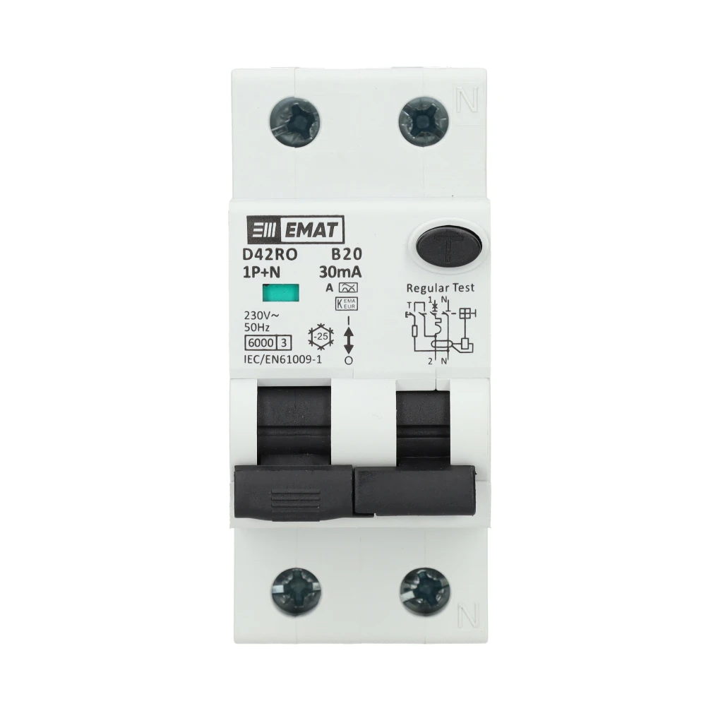 Miniatuur van EMAT aardlekautomaat 1-polig+nul 20A B-kar 30mA 2 modules (85006406)