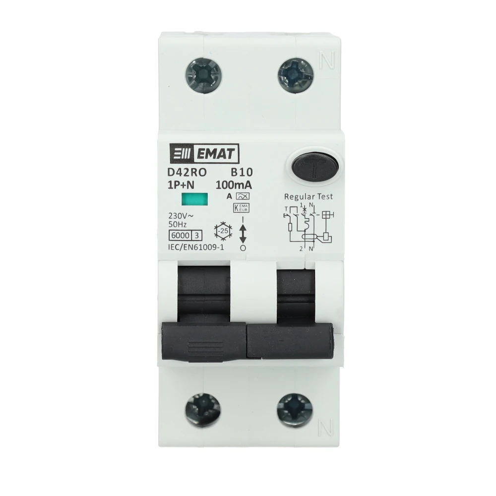 Miniatuur van EMAT aardlekautomaat 1-polig+nul 10A B-kar 100mA 2 modules (85006412)
