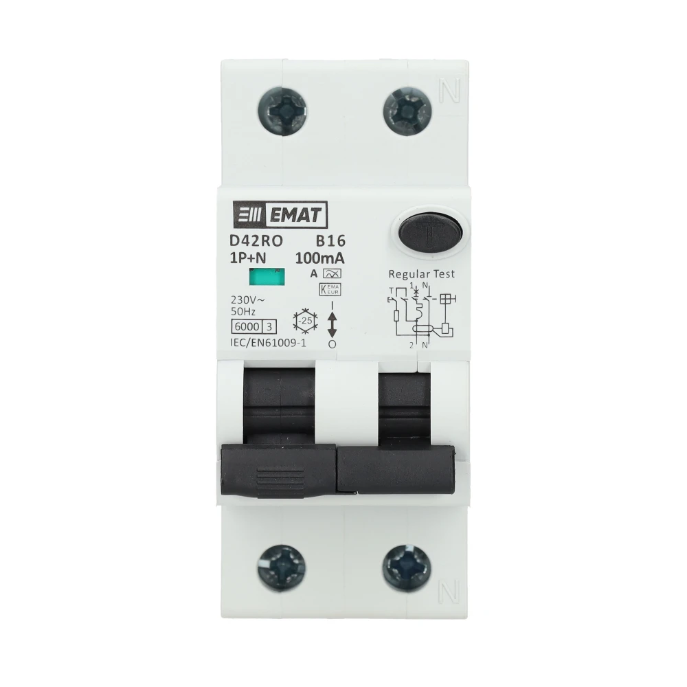 Miniatuur van EMAT aardlekautomaat 1-polig+nul 16A B-kar 100mA 2 modules (85006414)