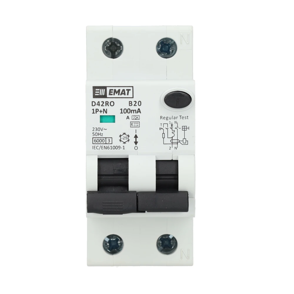 Miniatuur van EMAT aardlekautomaat 1-polig+nul 20A B-kar 100mA 2 modules (85006416)