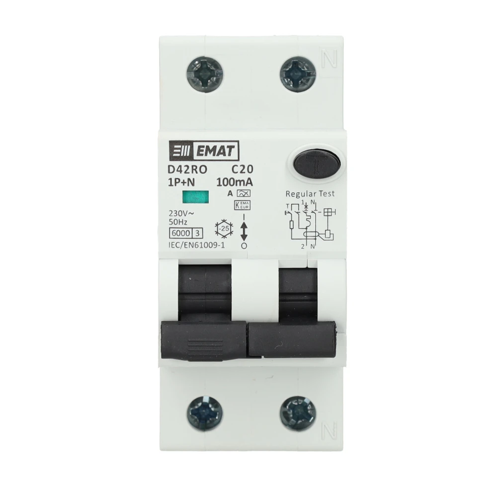 Miniatuur van EMAT aardlekautomaat 1-polig+nul 20A C-kar 100mA 2 modules (85006417)