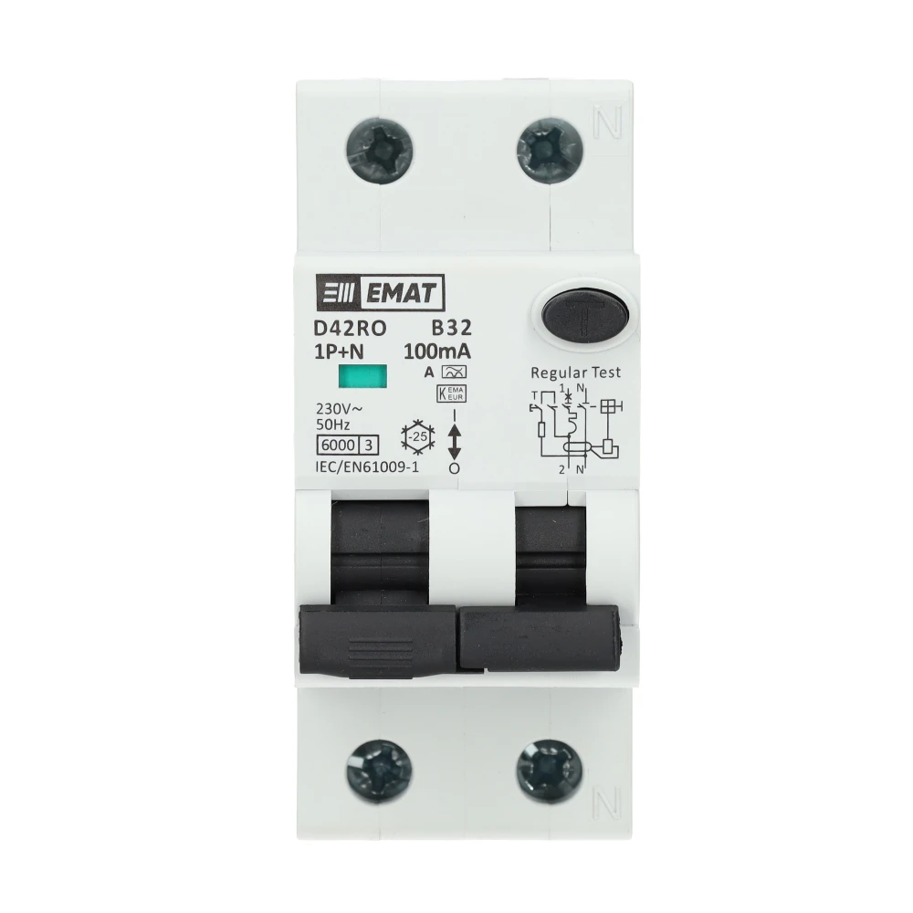 Miniatuur van EMAT aardlekautomaat 1-polig+nul 32A B-kar 100mA 2 modules (85006420)