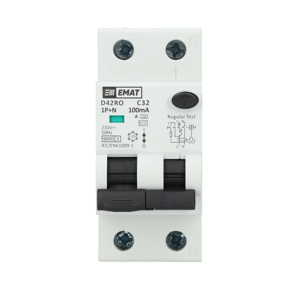 Miniatuur van EMAT aardlekautomaat 1-polig+nul 32A C-kar 100mA 2 modules (85006421)