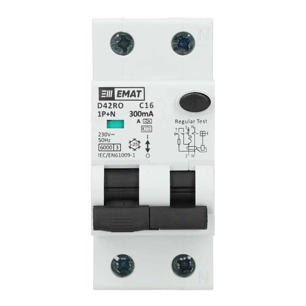 Miniatuur van EMAT aardlekautomaat 1-polig+nul 16A C-kar 300mA 2 modules (85006425)