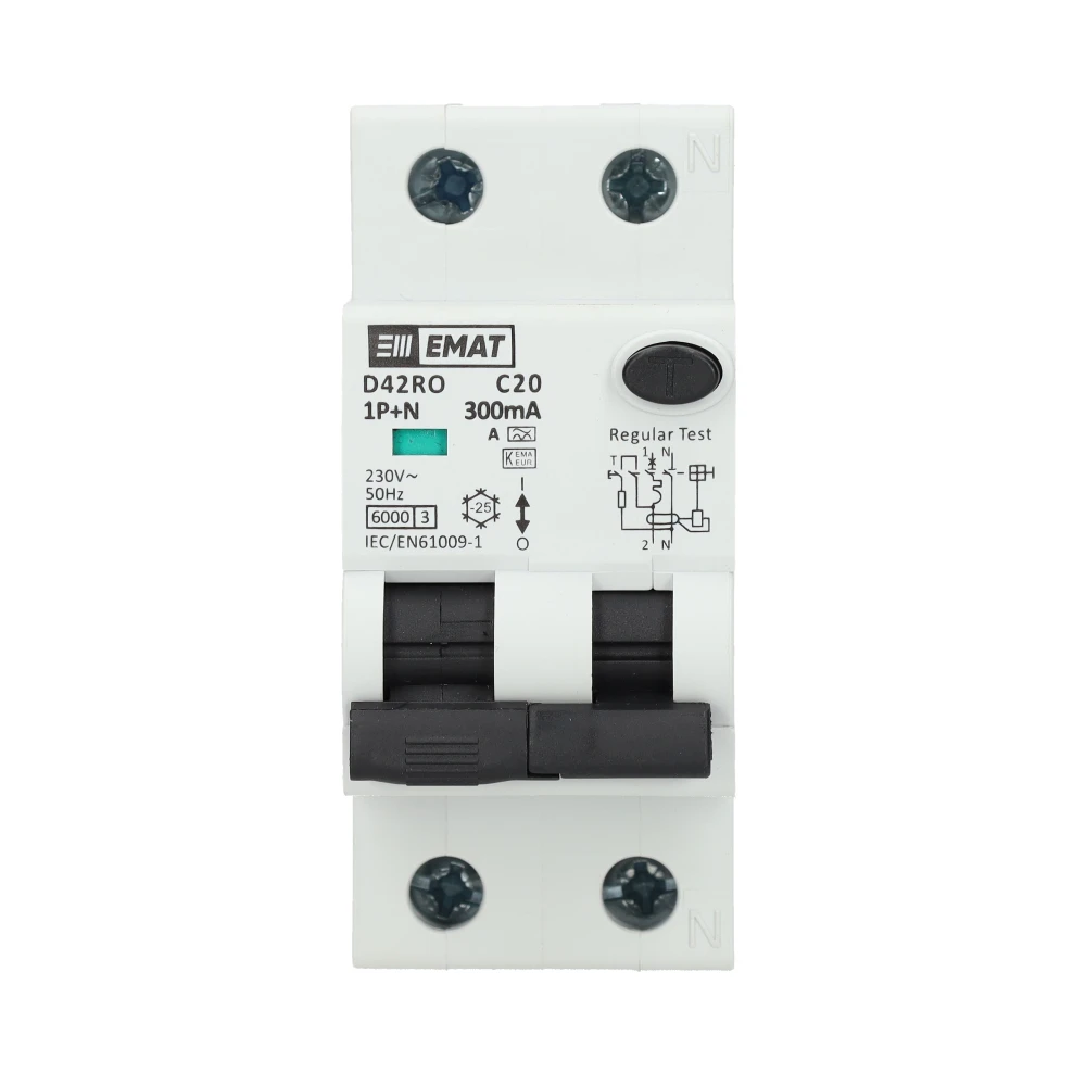 Miniatuur van EMAT aardlekautomaat 1-polig+nul 20A C-kar 300mA 2 modules (85006427)