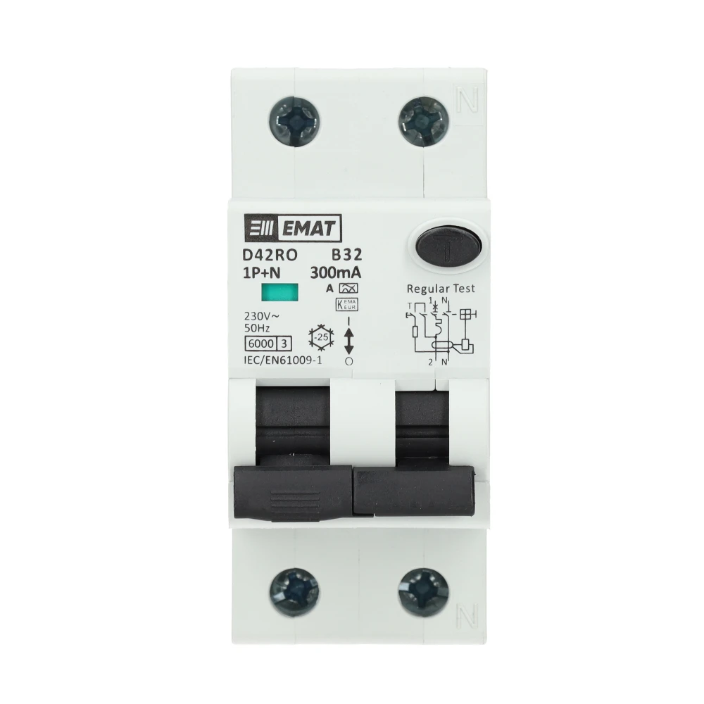 Miniatuur van EMAT aardlekautomaat 1-polig+nul 32A B-kar 300mA 2 modules (85006430)