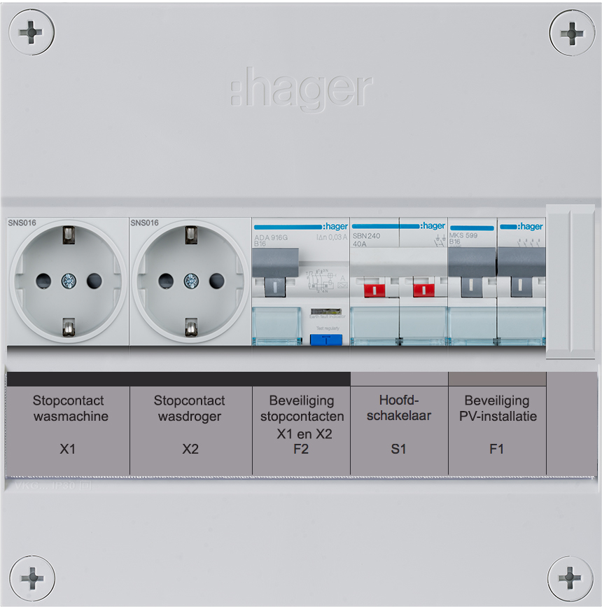 Miniatuur van Hager Vision PV-verdeler B16 eindgroep, B16 aardlekautomaat, 2x WCD en hoofdschakelaar (VKG11PV-WW)