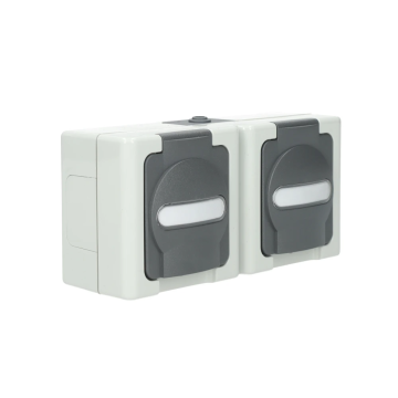 Kopp blue electric stopcontact ip44 horizontaal met deksel en randaarde 2-voudig opbouw grijs