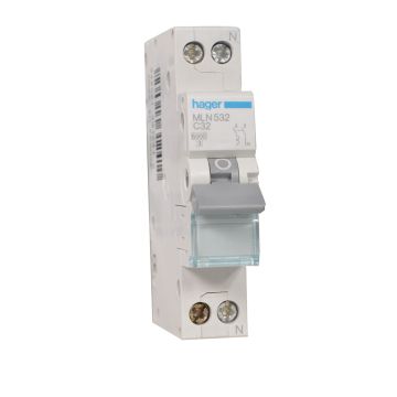 Hager installatieautomaat 1-polig + nul 32A C-kar (MLN532)