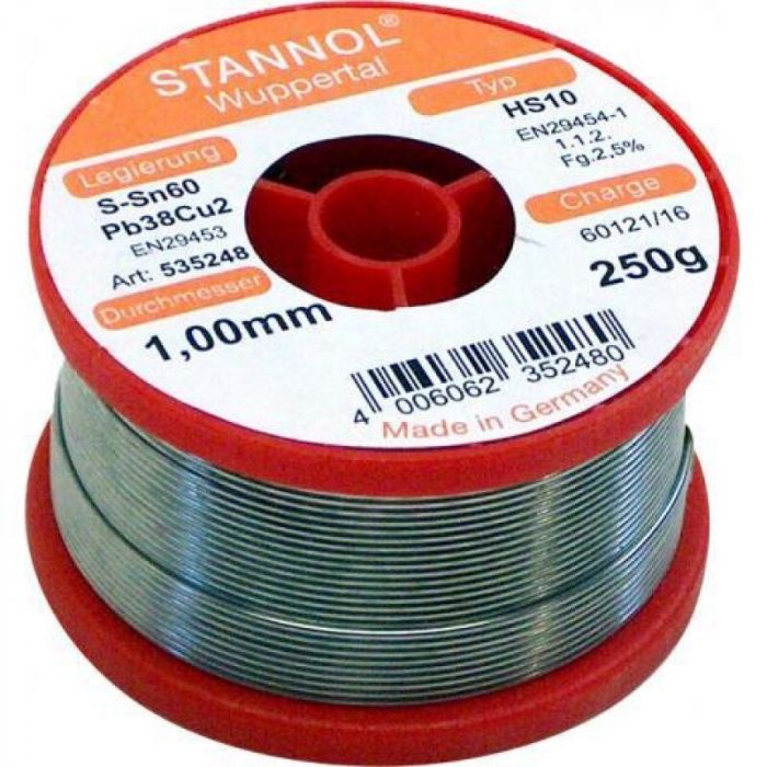 Stannol draadsoldeer tin/lood/koper 60/39/1 massief diameter 1mm rol 250gr (535248)