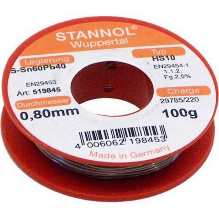 Stannol draadsoldeer met harskern tin/lood 60/40 diameter 0,8mm rol 100gr (519845)