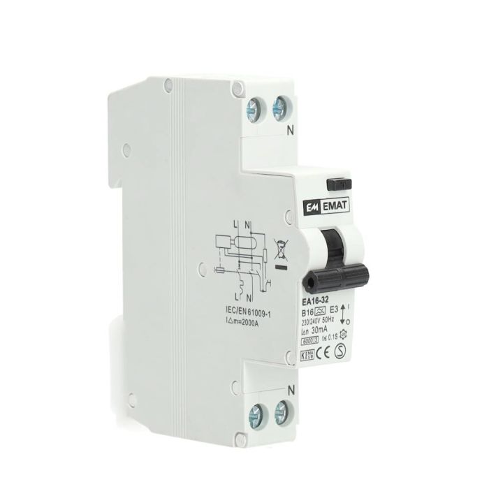 EMAT aardlekautomaat 1-polig+nul 16A B-kar 30mA (85006004)