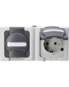 Kopp blue electric stopcontact ip44 horizontaal met deksel en randaarde 2-voudig opbouw grijs