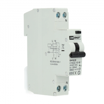 EMAT aardlekautomaat 1-polig+nul 16A C-kar 100mA (85006013)